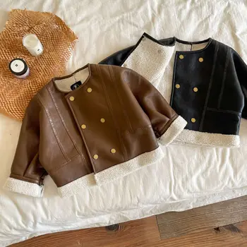 Детская кожаная куртка 2023 года, осенне-зимняя кожаная куртка для мальчиков и девочек с плюшевой курткой, кожаная куртка для мальчиков