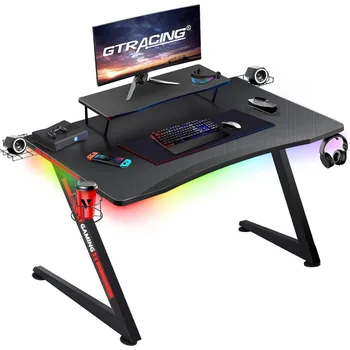 Игровой стол GTRACING со Светодиодной Подсветкой, 44-дюймовый Игровой стол с Подставкой Для Монитора, Домашний компьютер с Z-образной поверхностью Из Углеродного волокна