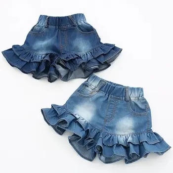 Корейские летние джинсовые шорты для девочек С двойными рюшами, детская джинсовая юбка с эластичной резинкой на талии, детские короткие брюки, брюки