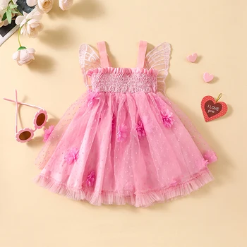 Платье принцессы для маленьких девочек без рукавов, вечернее платье с 3D цветами, детский костюм феи с крыльями