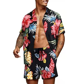 Рубашки с цветочным рисунком, костюмы, мужские модные рубашки + шорты, 3D Комплекты из двух предметов, Гавайские рубашки, комплекты пляжных рубашек для мальчиков, одежда для пляжного отдыха